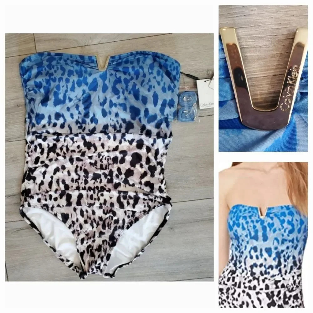Calvin Klein Women's Bandeau One-Piece blue Leopard gold logo  Swimsuit size 10